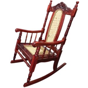 Traditional Wooden Rocking Chair with Hand-Carved Details & Woven Cane