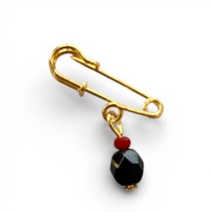 Gold-Tone Safety Pin with Black & Red Bead Charm