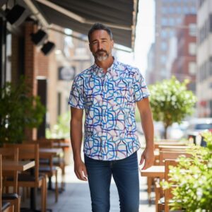 Men’s Short Sleeve Abstract Print Shirt – Blue & Purple