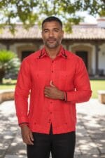 Men’s Pinstripe 100% Linen Cuban Guayabera – Long Sleeve Button Down with Collar Trim