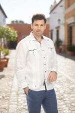 Men's 100% Linen Guayabera Shirt – Long Sleeve with Print Trim Accent