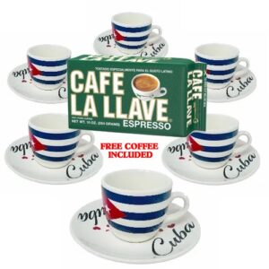 Cuban Flag Demitasse Cups Set of 6 Cups and 6 Saucers FREE 10 oz Pack La LLave Cuban Coffee