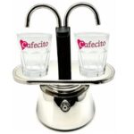 Double Spout Cuban Coffee Maker. Stainless Steel Construction. Includes 2 Cuban Coffee Glass Shots