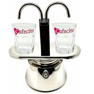 Double Spout Cuban Coffee Maker. Stainless Steel Construction. Includes 2 Cuban Coffee Glass Shots
