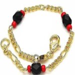 Azabache and Coral Bracelet Gold Filled Adult Size 7.25" long.