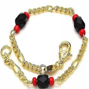 Azabache and Coral Bracelet Gold Filled Adult Size 7.25" long.