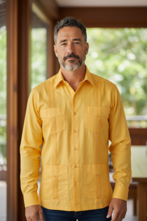 Men’s Classic Guayabera – Poly-Cotton Blend, Long Sleeve, 4-Pocket Design