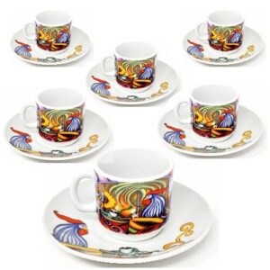 Cuban Rooster Collage Demitasse Set – 6 Cups and Matching Saucers