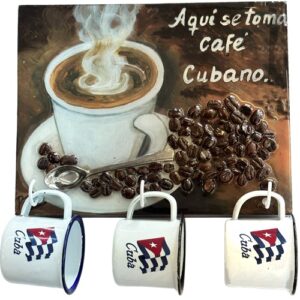 Wall Wood Plaque – Includes 3 Enamel 3 oz Cuban Coffee Cups