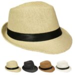 Classic Straw Trilby Fedora Hat with Black Ribbon Band