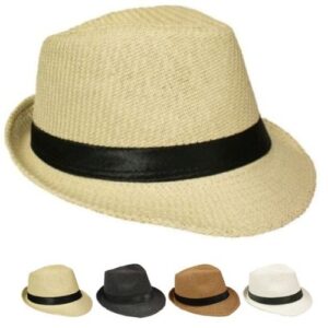 Classic Straw Trilby Fedora Hat with Black Ribbon Band