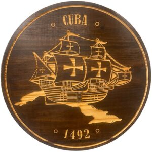 Wood Plaque with Engraved Spanish Galeon Arriving in Cuba 1500's