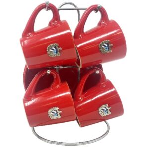 Set of 4 Red Cups with Saucers – Cuban Coat of Arms 4-cup black espresso coffee set with Cuban crest (gold or silver).