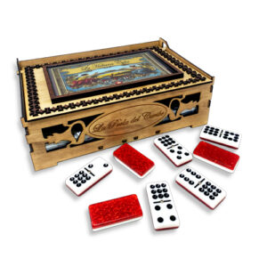 Double Nine Domino Set. Engraved Wood Box with Retro Collage on Lid