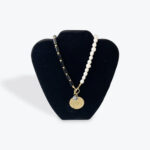 Black & White Beaded Necklace with Coin and Turtle Charm