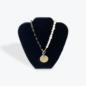 Black & White Beaded Necklace with Coin and Turtle Charm