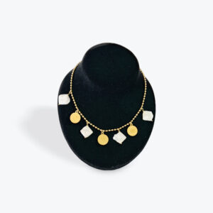 Gold Beaded Necklace with Coins and White Charms