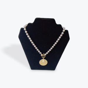 Silver Bead Necklace with Gold Coin and Pearl Drop