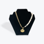 Half Pearl, Half Chain Necklace with Gold Coin Pendant