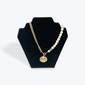Half Pearl, Half Chain Necklace with Gold Coin Pendant