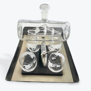 Globe Whiskey Decanter Set with Ship Inside – 4 Etched Glasses + Stand