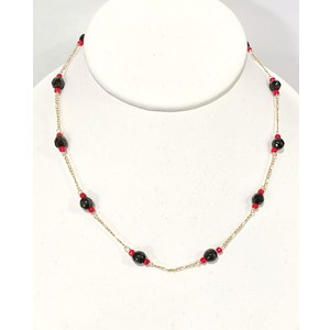Azabache Necklace with Coral Beads 18" Long Gold Filled