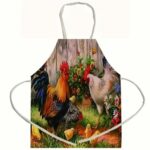 Linen Apron, Colorful Printed Rooster Pattern