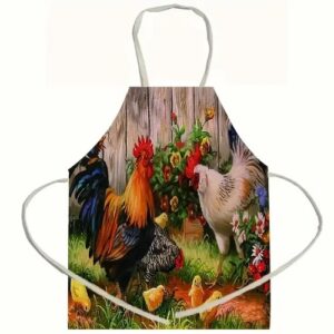 Linen Apron, Colorful Printed Rooster Pattern