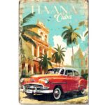 Vintage Cadillac in a Havana Street Scene Metal Poster 8" x 12
