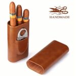 Hand Made Leather 3 Cigar Case with Stainless Steel Cutter